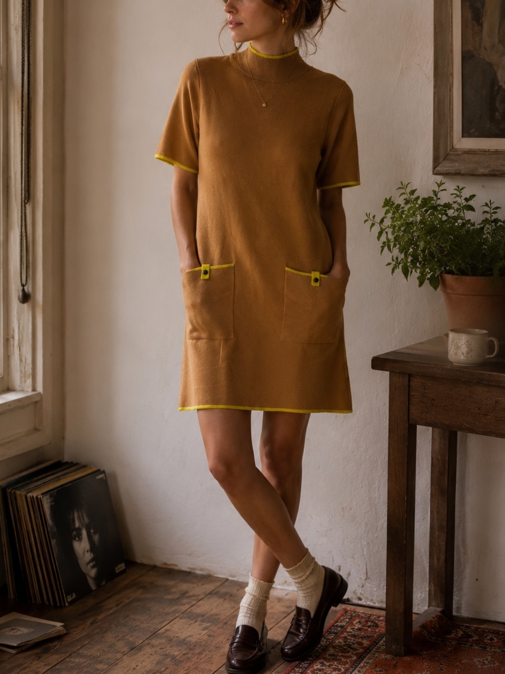 Anthropologie Maeve The Annalise Mick Neck Mini Sweater Dress cedar Mod Retro